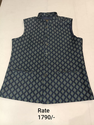 Dark Deep Steel Blue Brocade Silk with Floral Butti Printed Men's Koti with Stand-Up Collar