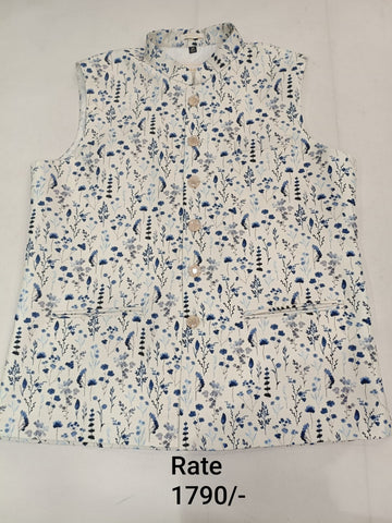 Ivory Brocade Silk with Blue Floral Printed Men's Koti with Stand-Up Collar