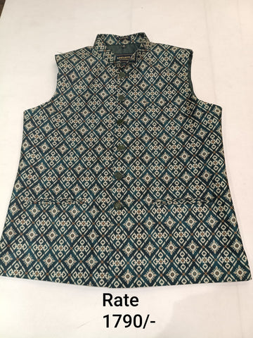 Dark Steel Blue Brocade Silk Men's Koti with Patola Butti in Diamond-Shaped Checks & Stand-Up Collar