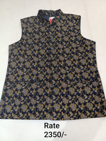 Dark Navy Blue Brocade Silk Men's Koti with Multi-Coloured Floral Jaal Print & Stand-Up Collar