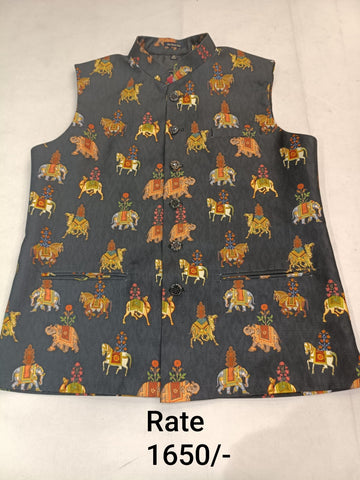 Light Black Brocade Silk Men's Koti with Elephant, Camel & Horse Printed Butta and Stand-Up Collar
