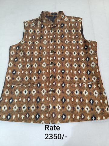 Light Gold Brocade Silk Men's Koti with All-Over Multi-Coloured Patola Butti Print & Stand-Up Collar