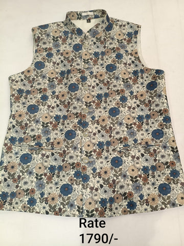 Ivory Brocade Silk Men's Koti with Cream & Blue Floral Jaal Print and Stand-Up Collar
