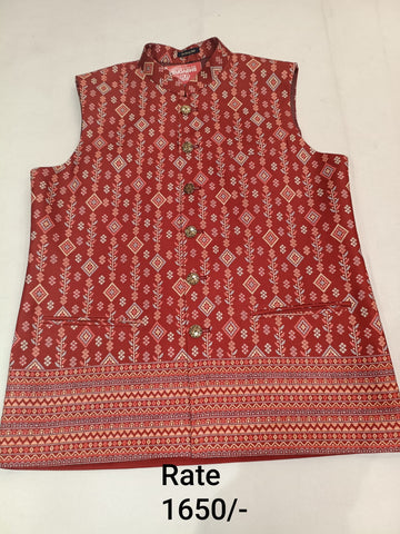 Rust (Firebrick Red) Brocade Silk Men's Koti with Multi-Coloured Diamond Butta Jaal Print & Stand-Up Collar