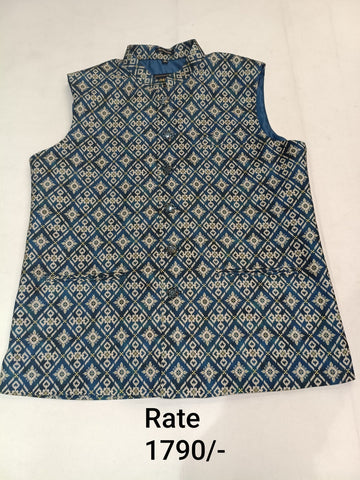Deep Steel Blue Brocade Silk Men's Koti with Patola Butti in Diamond-Shaped Checks & Stand-Up Collar