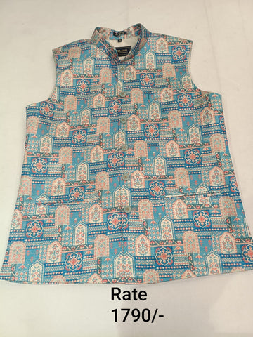 Steel Blue Brocade Silk Men's Koti with Multi-Coloured Geometric & Floral Butta Jaal Print and Stand-Up Collar