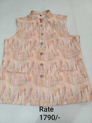 Light Rose Gold Brocade Silk with Multi-Colour Floral Printed Men's Koti with Stand-Up Collar