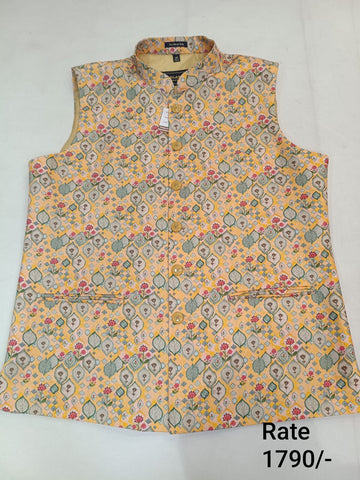 Lemon Yellow Brocade Silk Printed Men's Koti with Stand-Up Collar