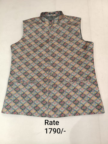 Multi-Coloured Brocade Silk Men's Koti with Floral Design in Diagonal Checks Print & Stand-Up Collar
