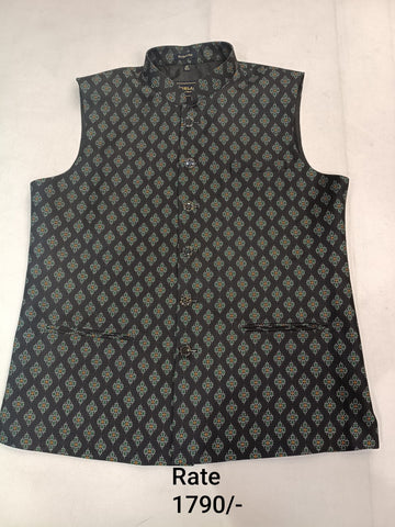 Black Brocade Silk with Floral Butti Printed Men's Koti with Stand-Up Collar Description: