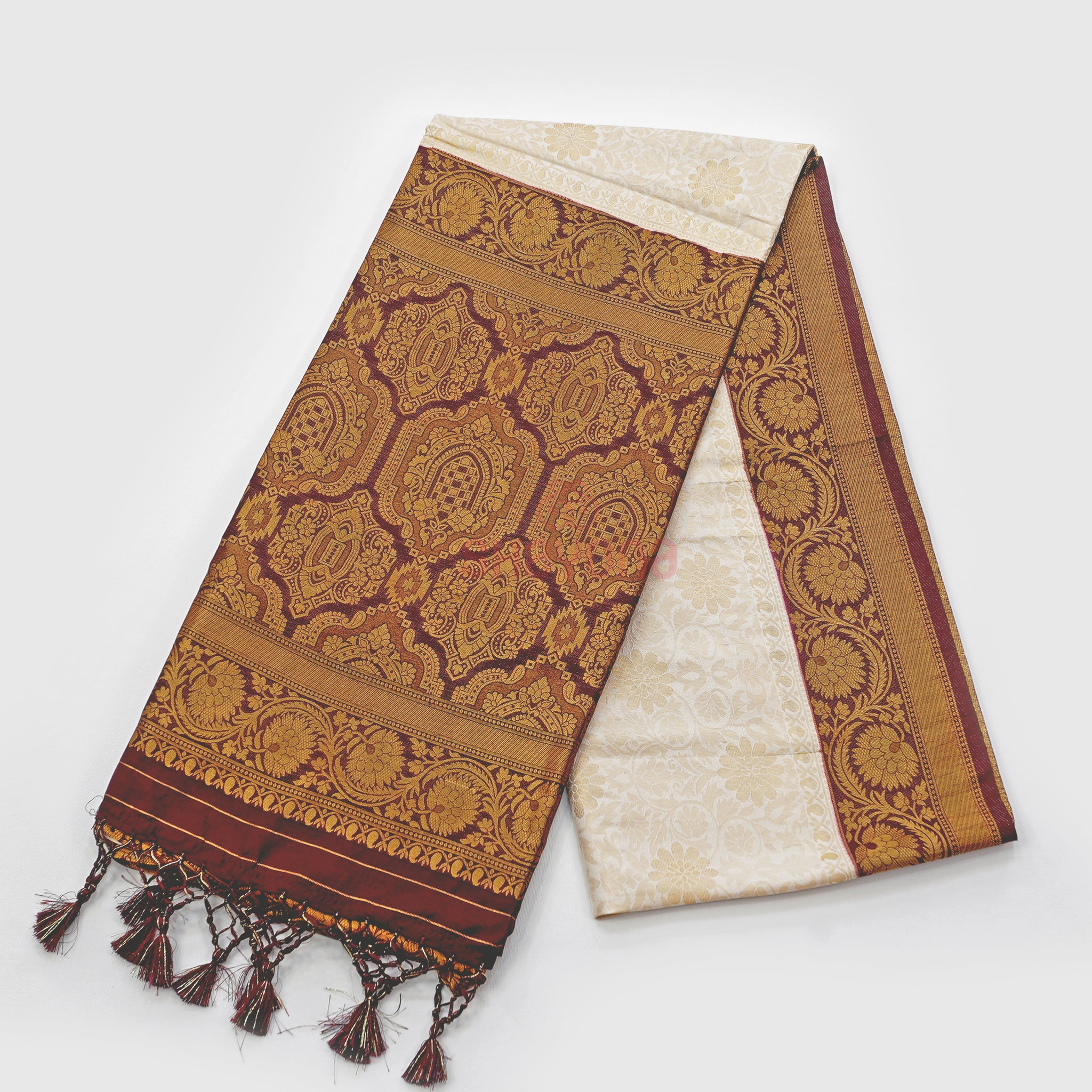 Ivory White & Wine Banarasi Soft Silk Saree with All-Over Jaal and Nakshi Border