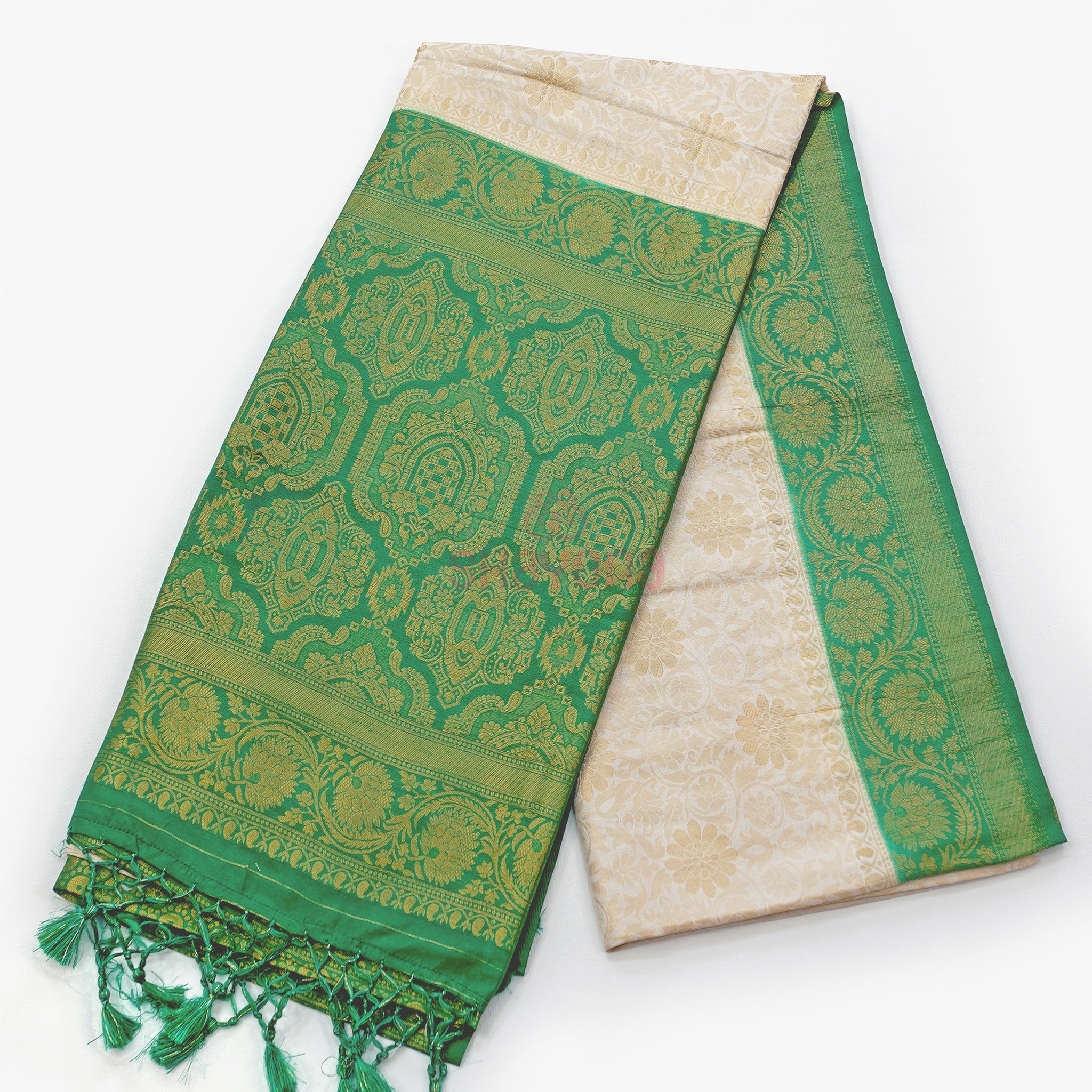 Ivory White & Sea Green Banarasi Soft Silk Saree with All-Over Jaal, Nakshi Border & Pallav