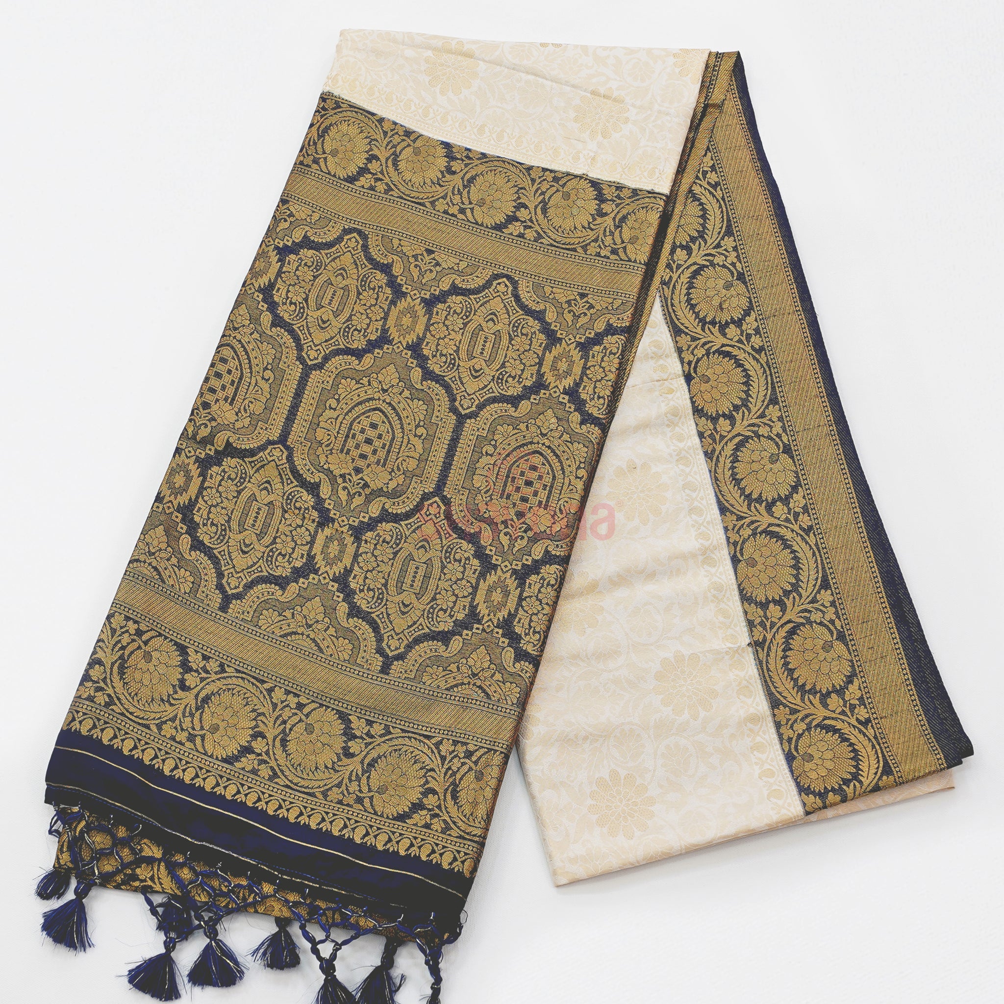 Ivory White & Dark Navy Blue Banarasi Soft Silk Saree with All-Over Jaal and Nakshi Border