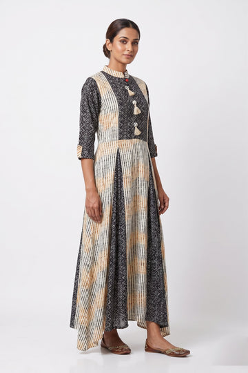 Charcoal Ivory Printed Indo-Western Flared Dress