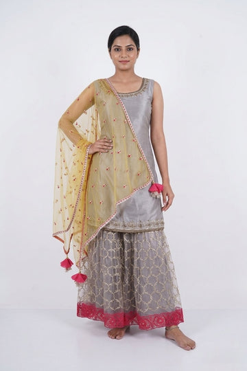 Silver Grey Embroidered Kurta Sharara Set With Yellow Organza Dupatta