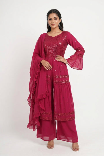 Rani Pink Sequin Embroidered Kurta Palazzo Set With Ruffle Dupatta