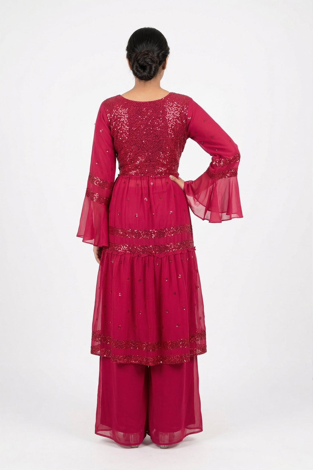 Rani Pink Sequin Embroidered Kurta Palazzo Set With Ruffle Dupatta