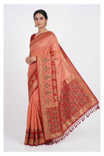 Peach Banarasi Silk Saree With Hand Work, Weaving