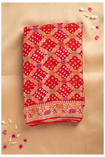 Elegant Red Banarasi Georgette Bandhani Saree With Gold Zari Jaal