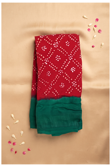 Traditional Red And Green Georgette Bandhani Saree With Elegant Tie-Dye Patterns