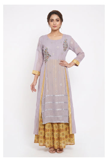 Lavender Embroidered Kurta With Printed Palazzo Set