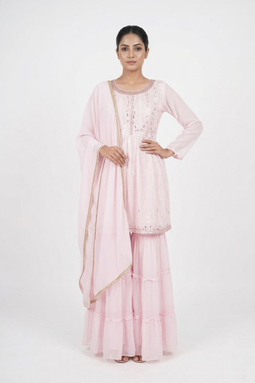 Blush Pink Embellished Kurta Set with Sharara & Dupatta