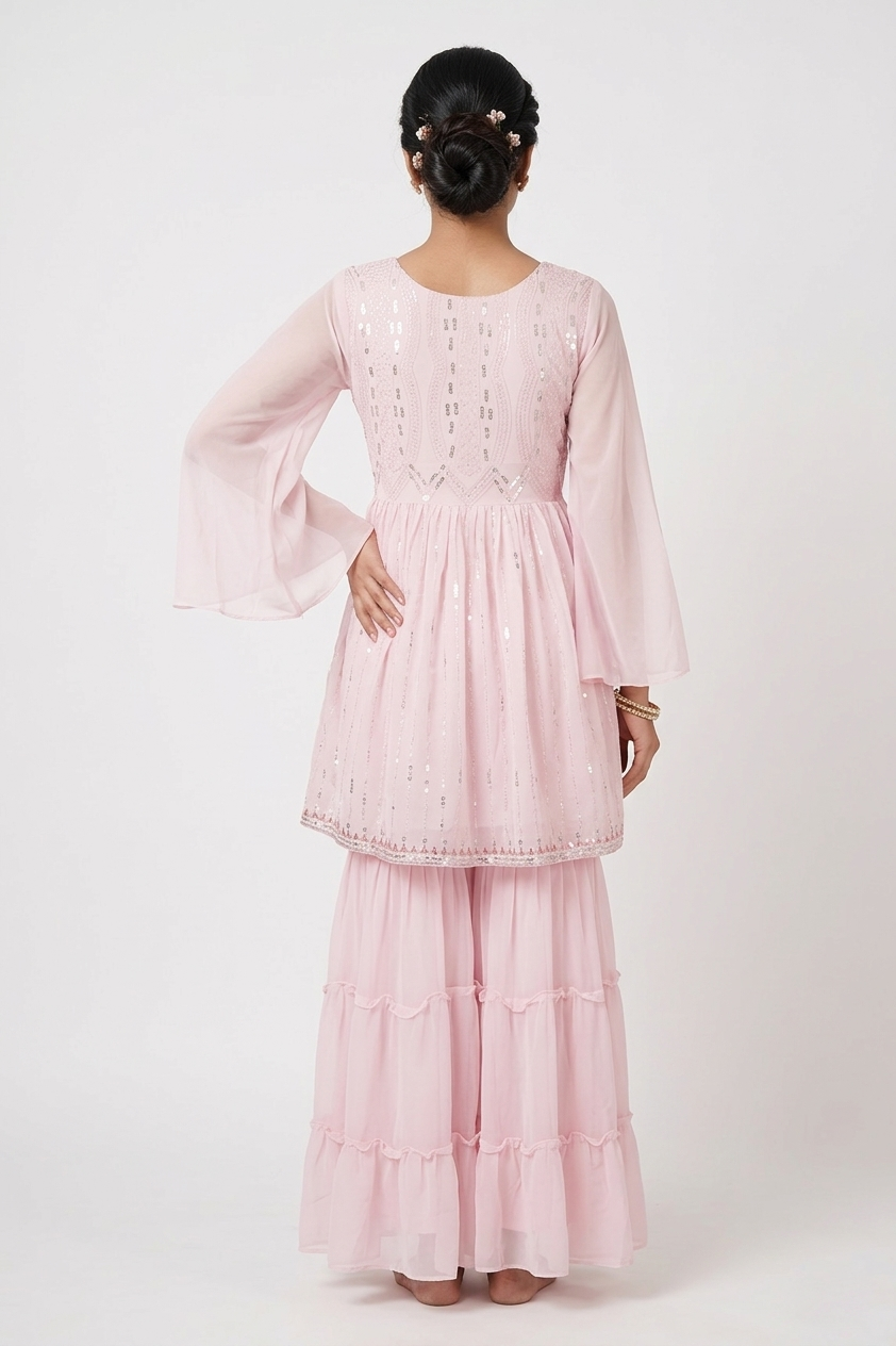 Blush Pink Embellished Kurta Set with Sharara & Dupatta