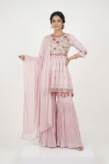 Soft Pink Floral Embroidered Kurta Sharara Set With Dupatta