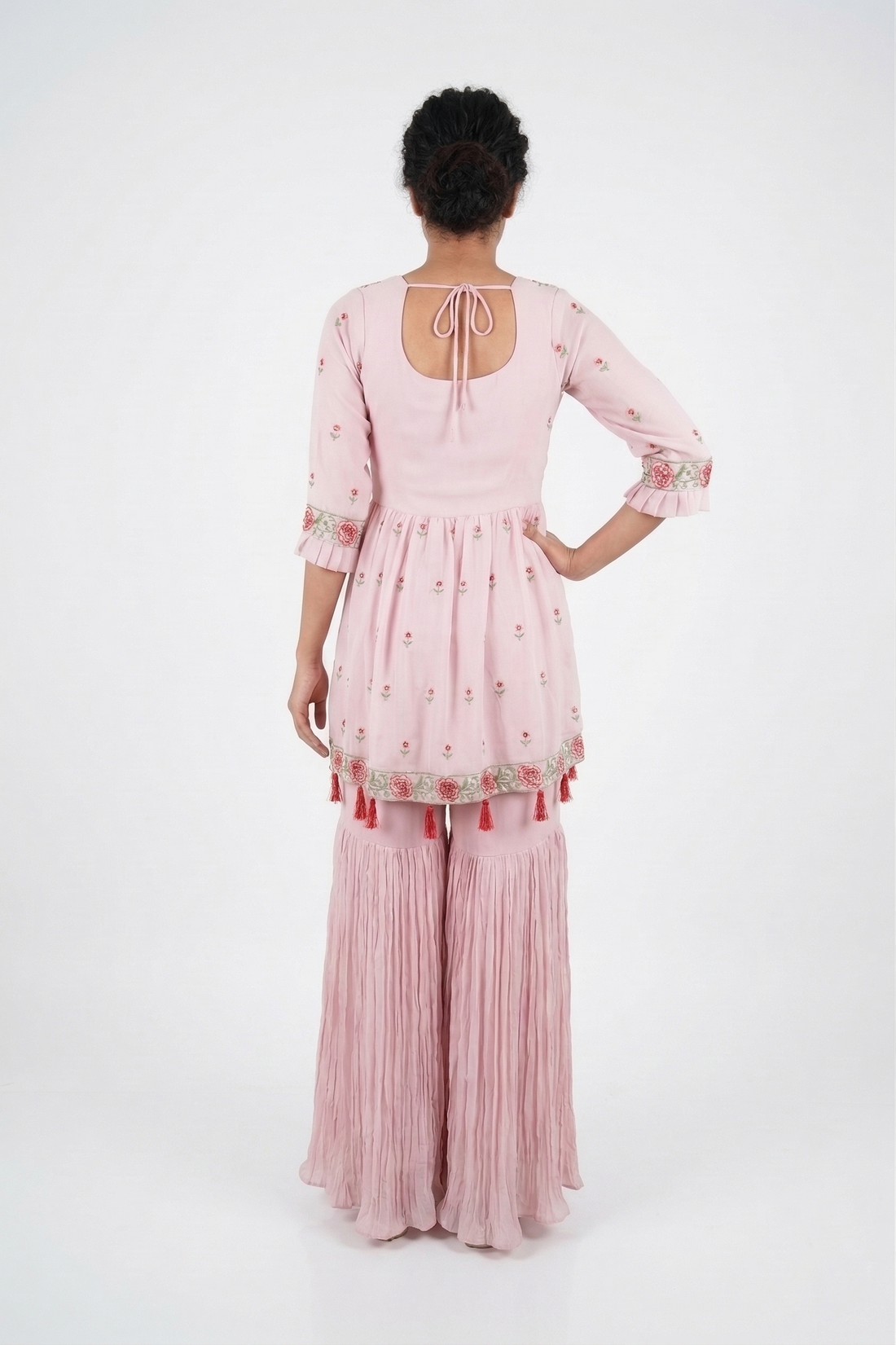 Soft Pink Floral Embroidered Kurta Sharara Set With Dupatta