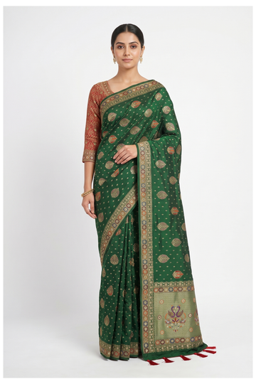 Bottle Green Banarasi Silk Saree With Hand Work Weaving