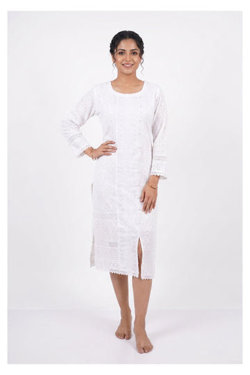 Elegant White Chikankari Straight Midi Kurti