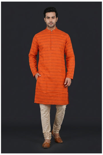 Burnt Orange Textured Stripe Men’S Kurta