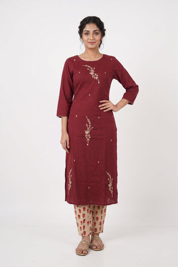 Wine Red Embroidered Kurta Set