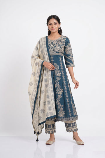 Teal Blue Embroidered Indo-Western Kurta Set With Dupatta