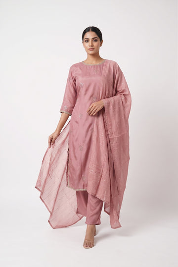 Rose Pink Embroidered Festive Kurta Set With Dupatta