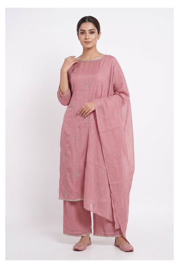 Dusty Rose Embroidered Kurta Pant Set With Sequins Dupatta