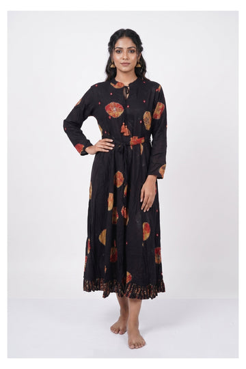 Elegant Black Printed Flared Midi Gown