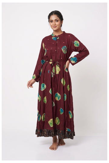 Maroon Tie-Dye Printed Flared Dress
