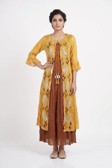 Mustard Yellow & Rust Brown Indo-Western Layered Dress