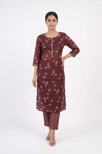 Wine Floral Printed Kurta Pant Set