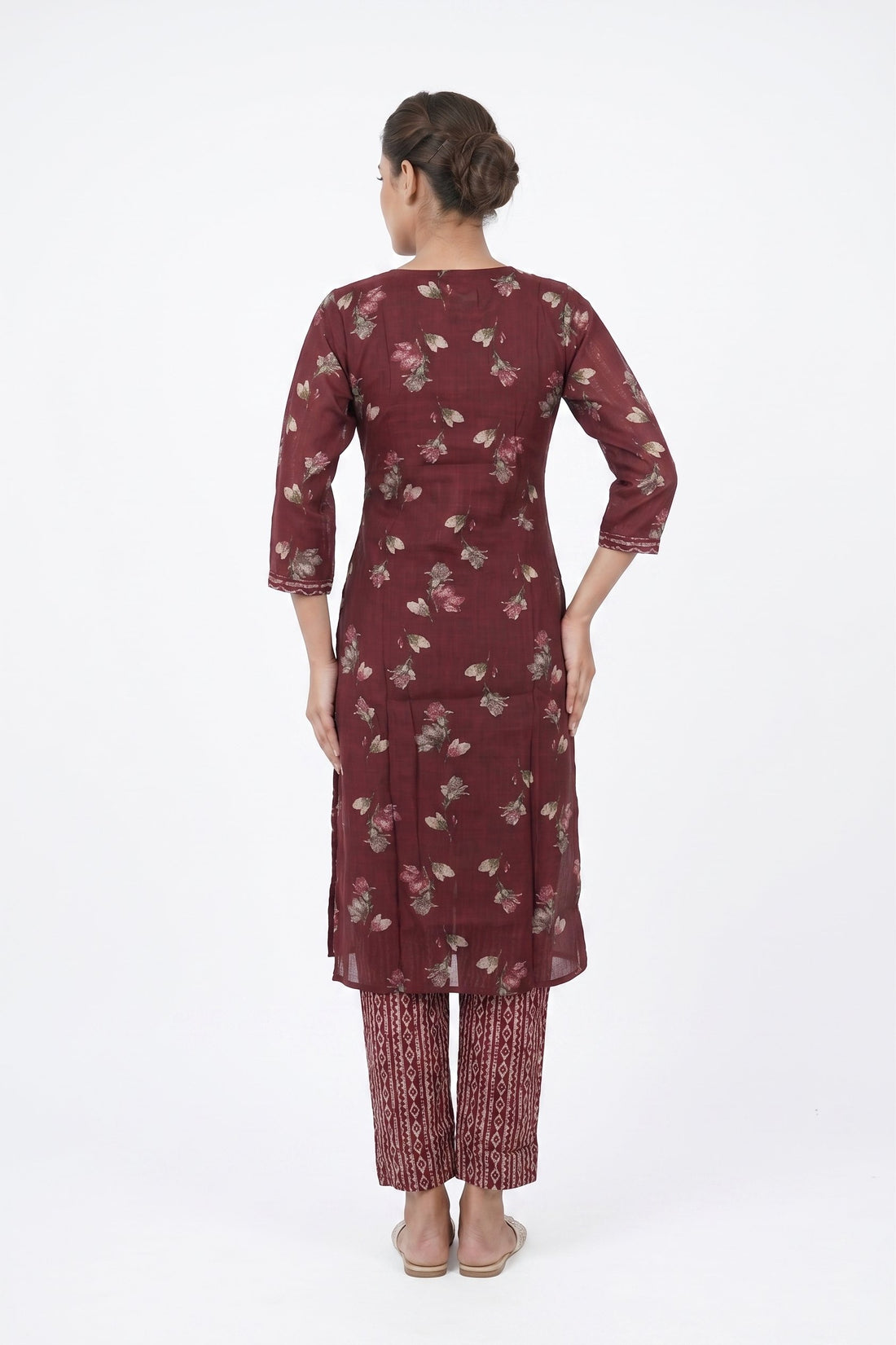 Wine Floral Printed Kurta Pant Set