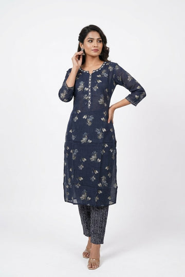 Navy Blue Foil Print Kurta Pant Set