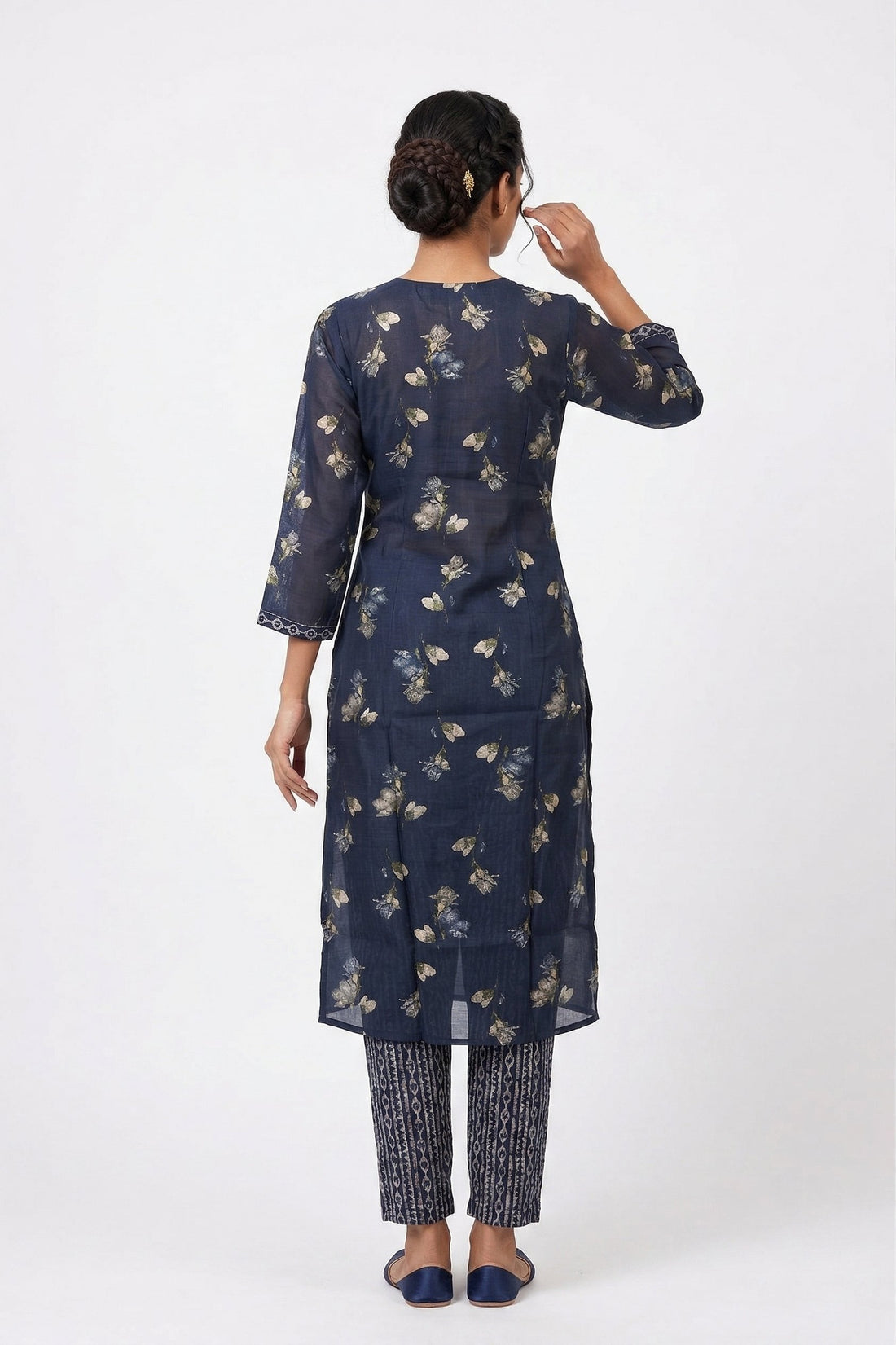 Navy Blue Foil Print Kurta Pant Set