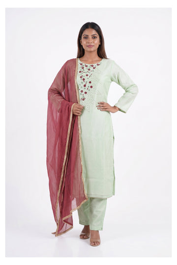Mint Green Embroidered Kurta Set With Rose Pink Dupatta