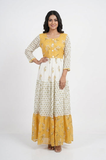 Sunshine Yellow Floral Printed Tiered Gown Dress
