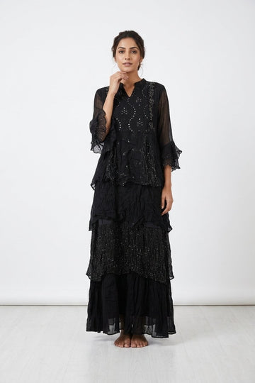 Midnight Black Layered Shimmer Party Gown