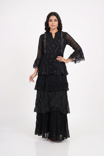 Midnight Black Layered Indo-Western Party Dress