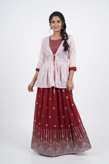 Wine Red Printed Lehenga Set With Stylish Pastel Jacket