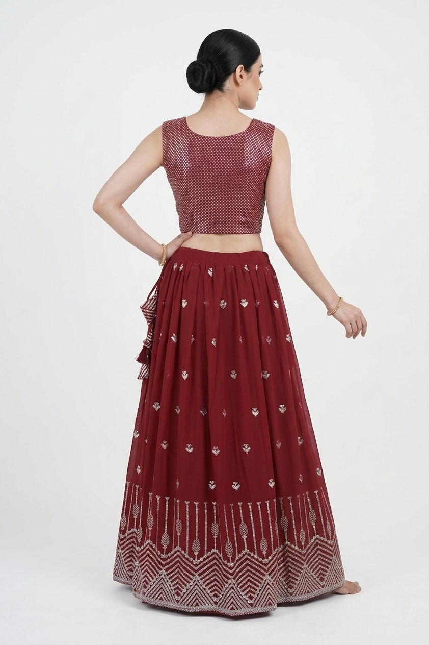 Wine Red Printed Lehenga Set With Stylish Pastel Jacket