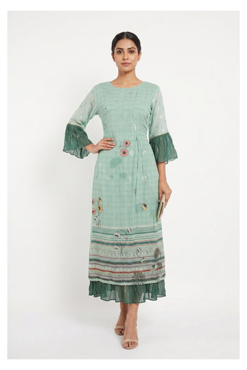 Sea Green Printed Indo-Western Layered Dress Set